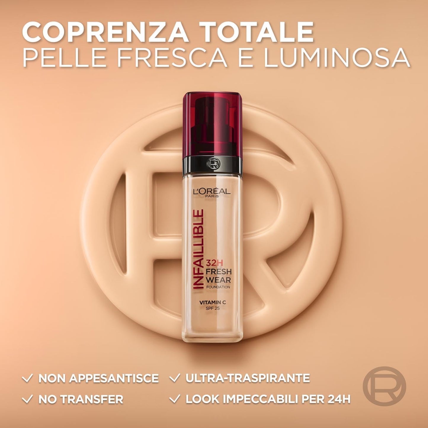 L'Oréal Paris Fondotinta Liquido Infaillible 32H, Coprente a Lunga Tenuta Con Protezione Solare SPF25, Formula Waterproof E Idratante, Tonalità: 235 Cool Rosé